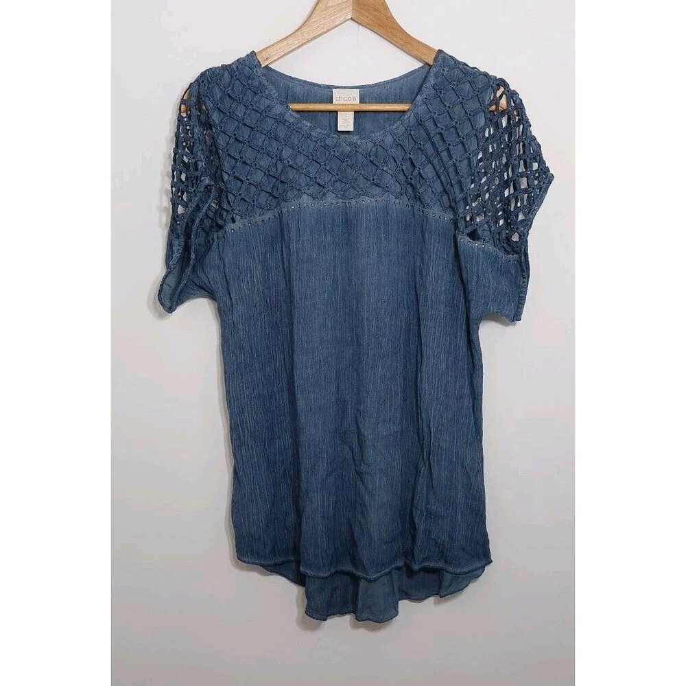 Chico's Women's Size 1 Blouse Top Blue Crochet Short Sleeve - Picture 2 of 9